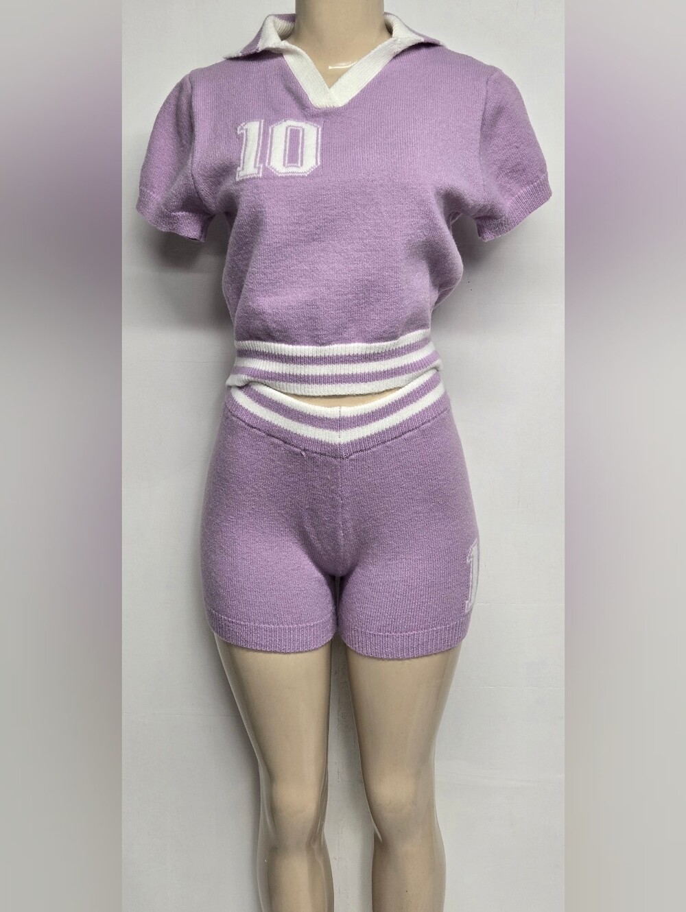 Daisy S Stretch Knit Short Set Sporty Purple White Acrylic Blend Cute